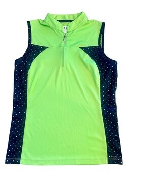 IZOD Golf Sleeveless Mock Neck Top Womens Medium Lime Green Navy Blue Polka Dots